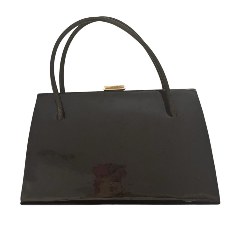 Waldybag Classic Dainty Dark Chestnut Brown Patent Leather Top Handles Bag 1950s - Picture 10 of 13